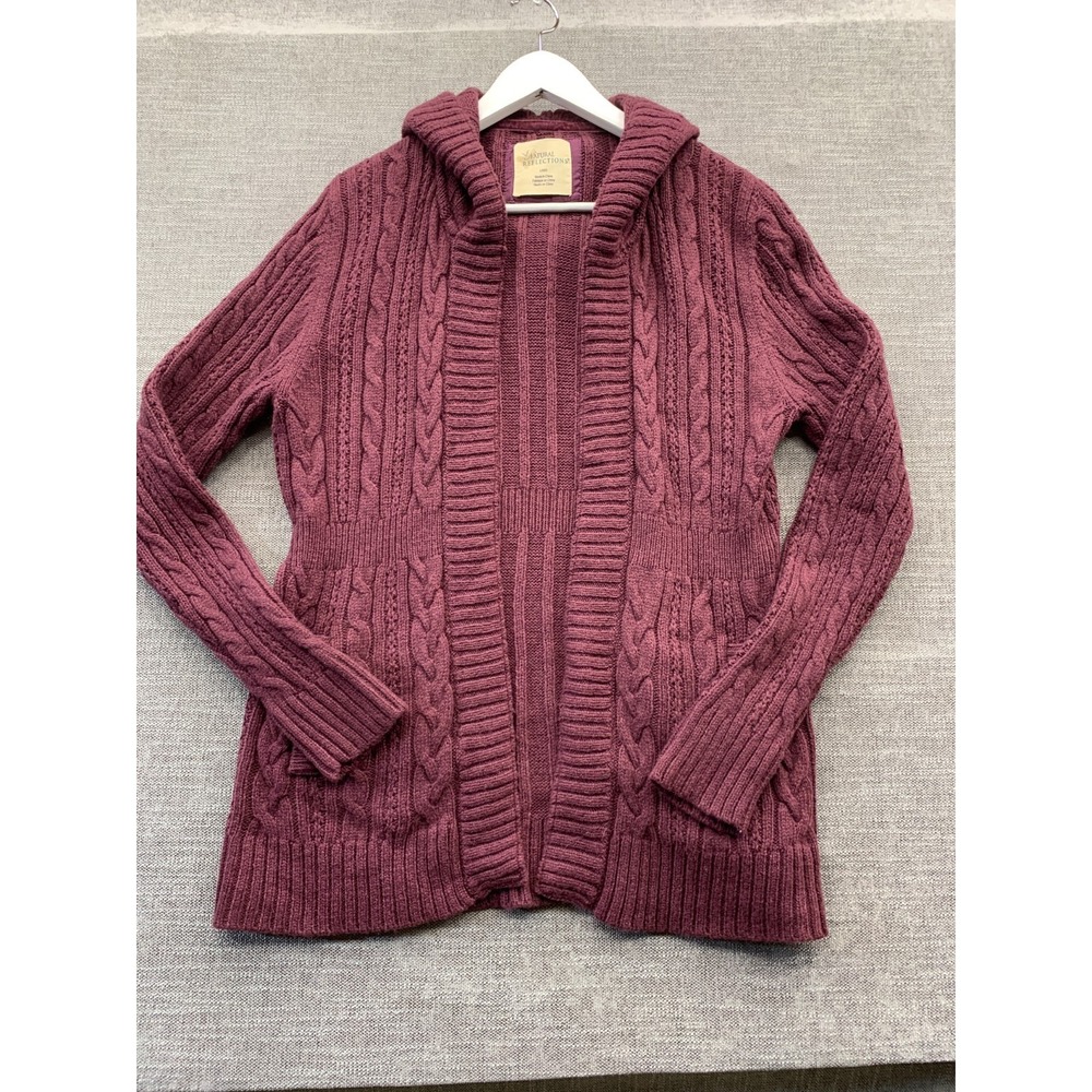 Natural‎ Reflections Cardigan Sweater Womens Large Maroon Cable Knit Wool Hooded